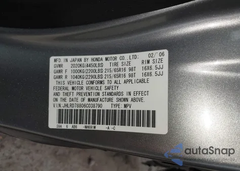 2006 Honda Cr-V Ex from USA, damaged, VIN JHLRD78806C038790